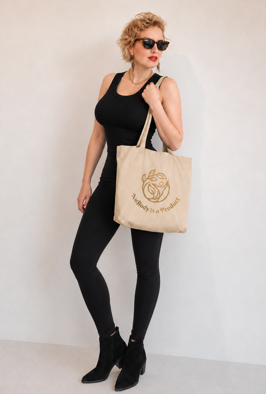 Nobody is a Product. Organic cotton regular size Eco Tote Bag (gold print logo)